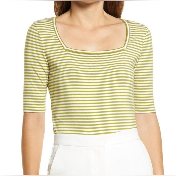 NWT Halogen Women’s Striped Print Square Neck Top Yellow & White Sz XS - Picture 1 of 12